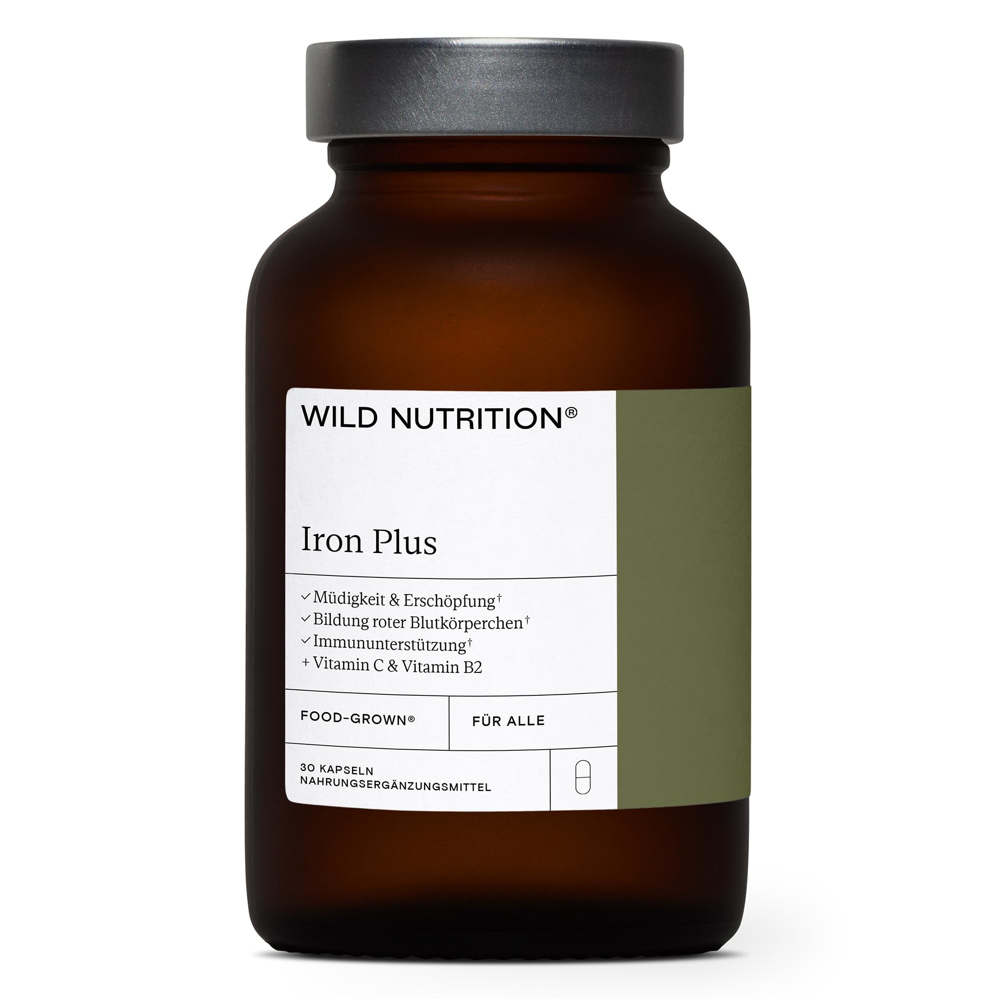 Wild Nutrition Food-Grown Iron Plus | Sanftes Eisenpräparat zur Unterstützung der Immunität und zur Verringerung von Müdigkeit | Eisen- und Vitamin C-Tabletten zur Erhöhung der Absorption | 30 Kapseln