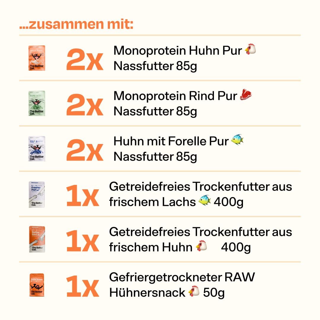 The Better Cat Maxi Probier Pack mit getreidefreiem Nassfutter, Trockenfutter und gefriergetrockneten Snacks mit viel Fleisch, Präbiotika, Probiotika und Superfoods ohne Zucker