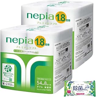 【セット品】プレミアムソフト トイレットロール 1.8倍巻54m(ダブル) 無香料 16ロール（8ロールx2袋セット）+ リファイン ノンアルコールウエットティッシュ（10枚 x1パック)3点セット