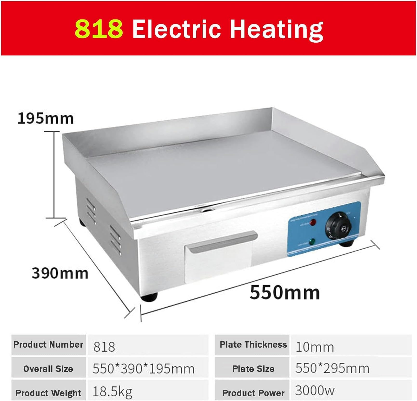 Piastra Elettrica in Acciaio Inox Piastra Antipasto Professionale Piastra di Cottura Elettrica con Vassoio Antispruzzo da 50℃ a 300℃, Piastra Elettrica Riscaldante, per Ristoranti Commerciali,818-1pc