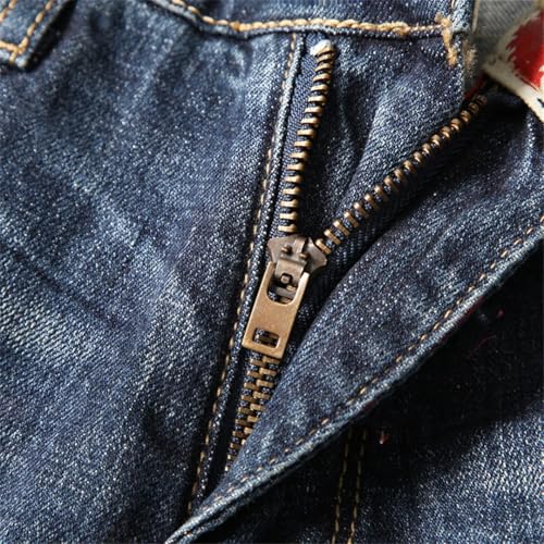 Men Spring Oversized Straight Retro Blue Printed Pockets Jeans3