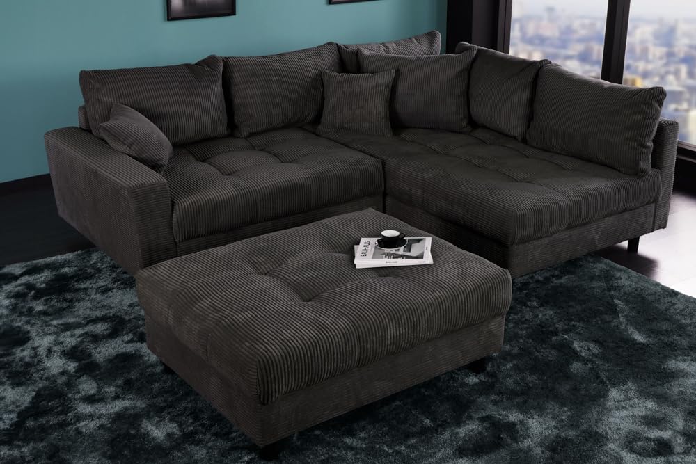Wohnlandschaft KENT - 220cm - dunkelgrau - Cord - Federkern inkl. Hocker