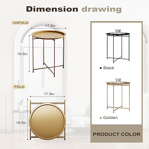 Miniatura 3 de XIV Mesa auxiliar redonda, mesa auxiliar plegable, mesa auxiliar pequeña de metal con bandeja extraíble para sala de estar, dormitorio, balcón