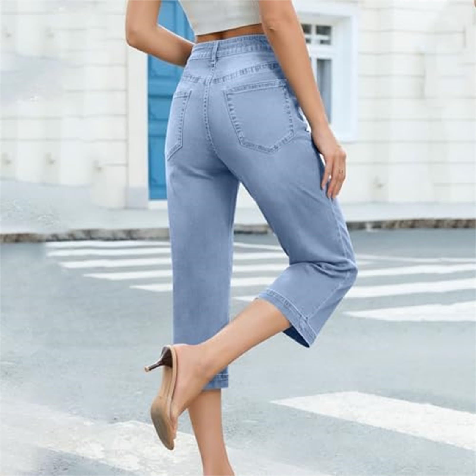Pantacourt Baggy en denim pour femme - Coupe ample - Coupe ample - Coupe droite - Couleur unie - Coupe droite - Coupe droite - Courbé - Pantalon de loisirs - Avec poches
