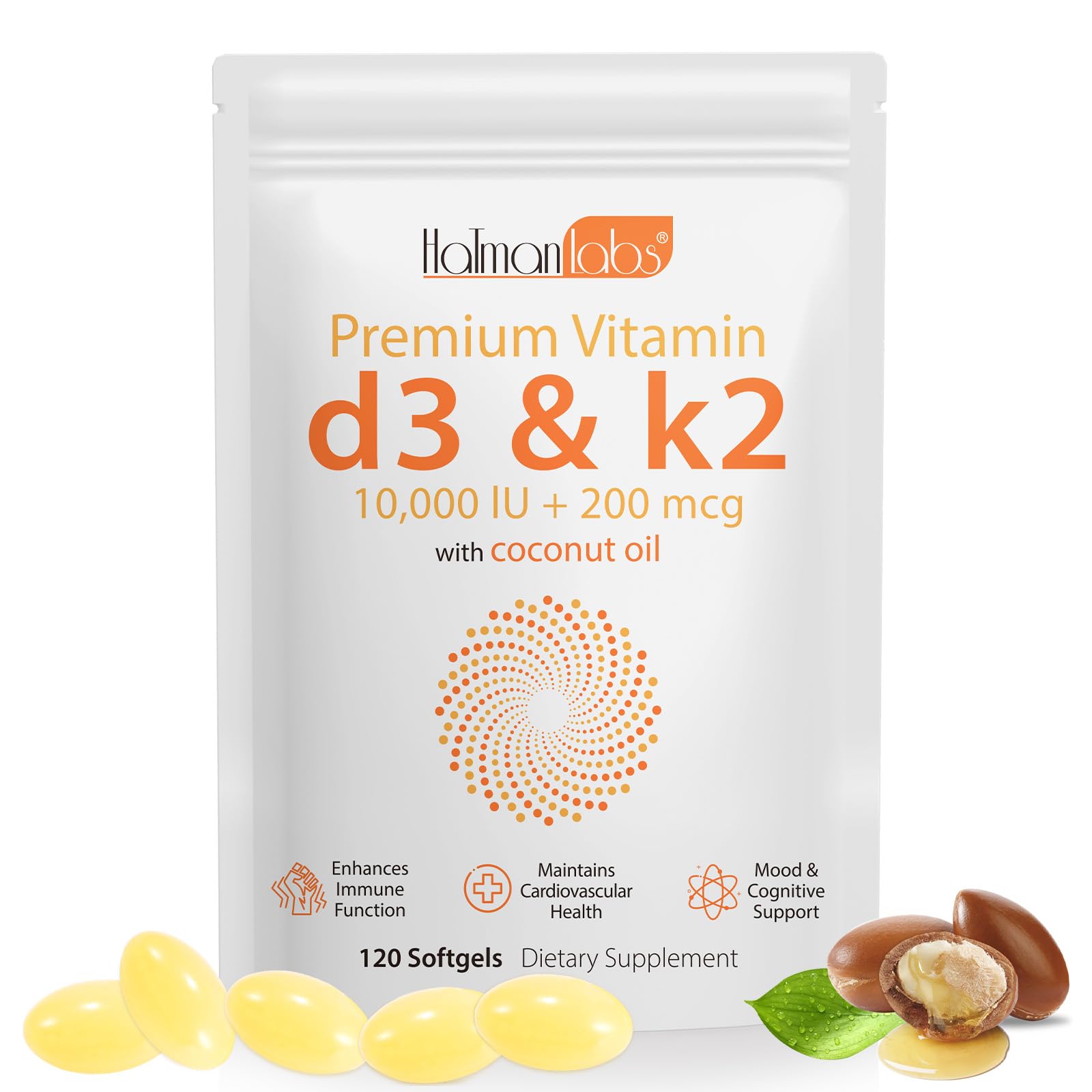 Premium Vitamin D3 & Vitamin K2 (MK-7) Softgels 120 Count Easy-Swallow VIT D3 K2 with Coconut Oil Gluten Free, High Strength Vitamin D3 and K2 SupplementsPremium Vitamin D3 & Vitamin K2 (MK-7) Softgel…