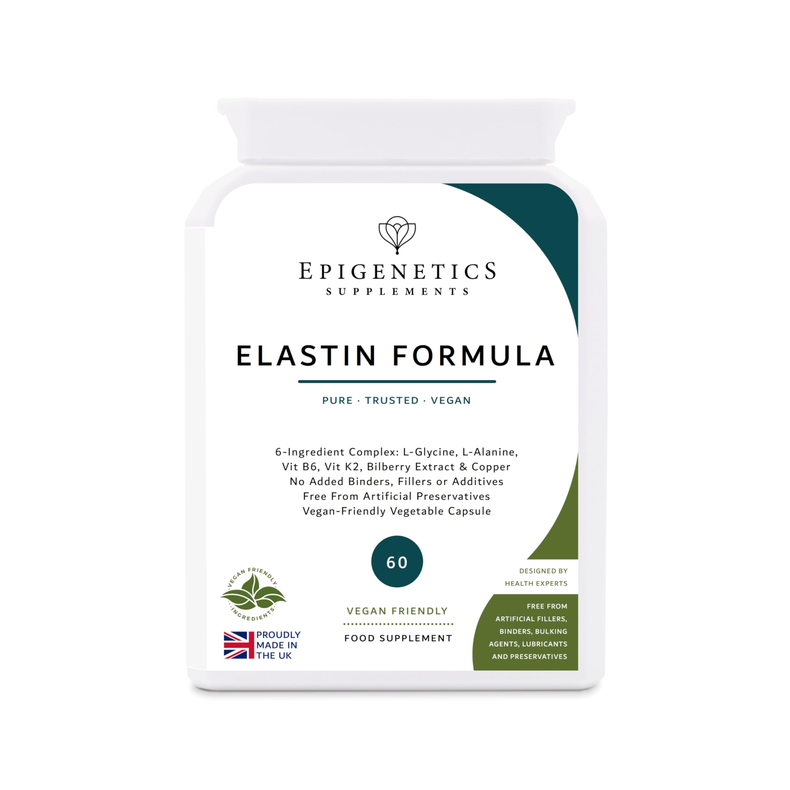Elastin Formula | L-Gltcine 450mg, L-Alanine 150mg, Vitamin B6 6mg, Bilberry Extract 4mg, Copper 2.2mg, Vitamin K2 200mcg | 60 Capsules, Vegan Friendly UK Made