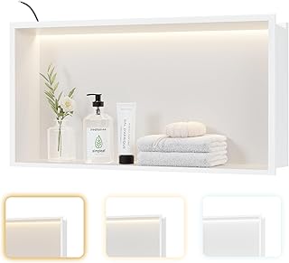 Neohomee Nicho de pared de acero inoxidable con luz LED, nicho de ducha incrustado 60 x 30 cm con 3 colores para almacenamiento y decoración, color blanco
