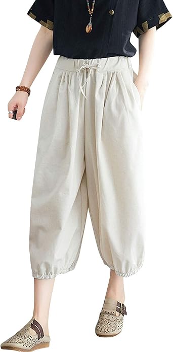 Amazon.com: ZGZZ7 Pantalones capri de lino para mujer, elásticos, de pierna  ancha, pantalones para descansar : Ropa, Zapatos y Joyería