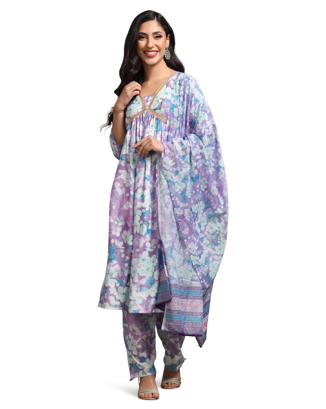 Leriya Fashion Cotton Alia Cut Kurta Set For Women| Alia Cut Anarkali Set For Women Embroidery Kurta Set For Women| Kurta With Pant Set For Women. (Small, Purple)