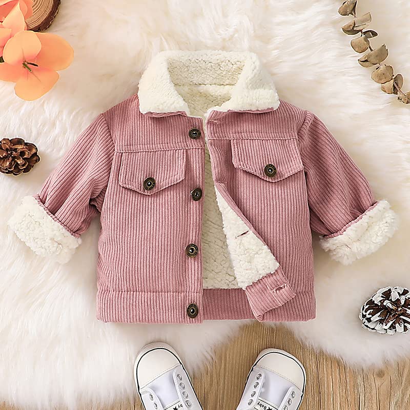 Pudcoco Toddler Baby Boys Girls Corduroy Fleece Sherpa Lined Jacket Lapel Collar Button Down Coat Winter Outwear (Pink, 3 Years)
