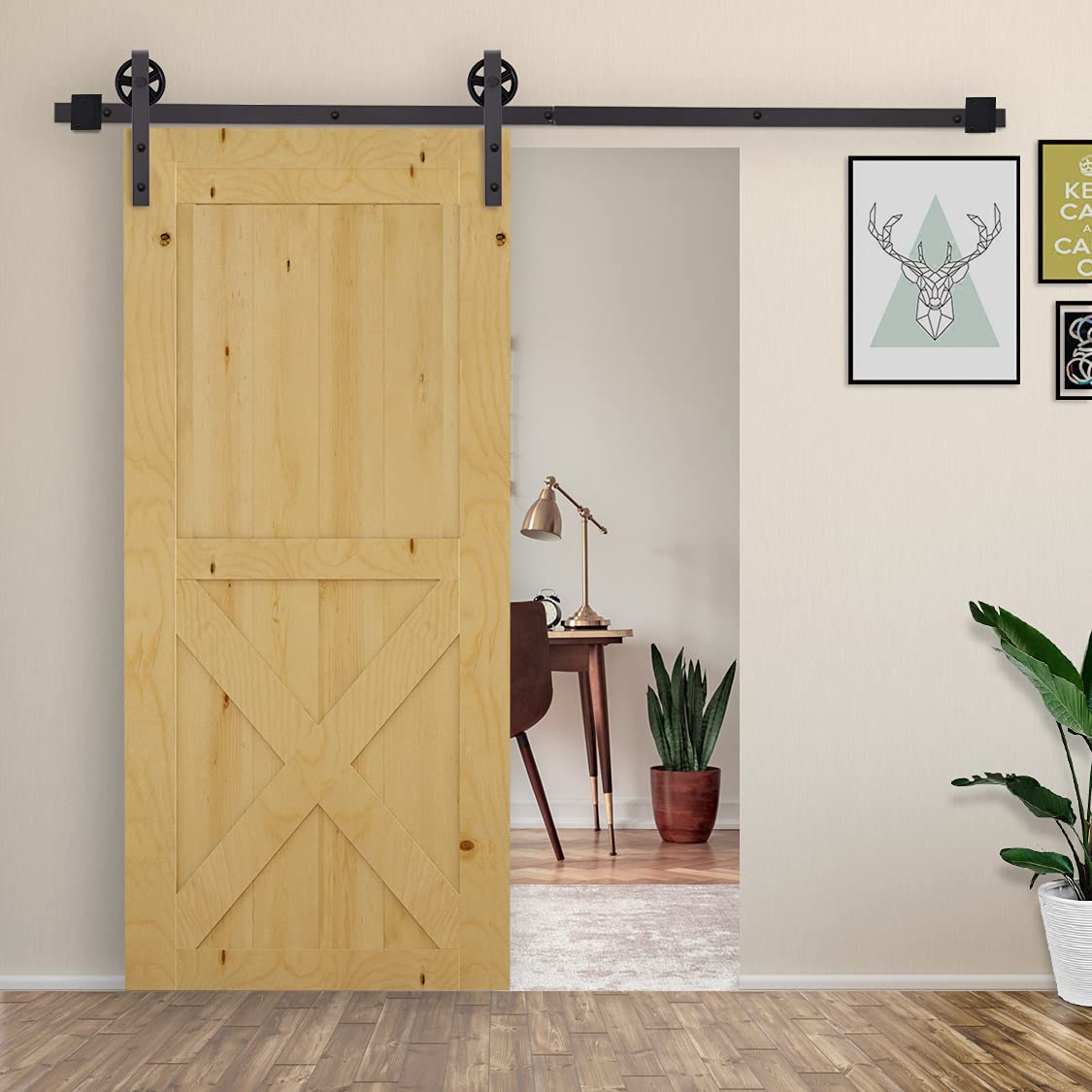 HOMCOM 6FT/183cm Herraje para Puerta Corredera Guía de Suelo Café Oscuro | Kit de Puerta Corrediza de Madera, Riel de Acero al Carbono