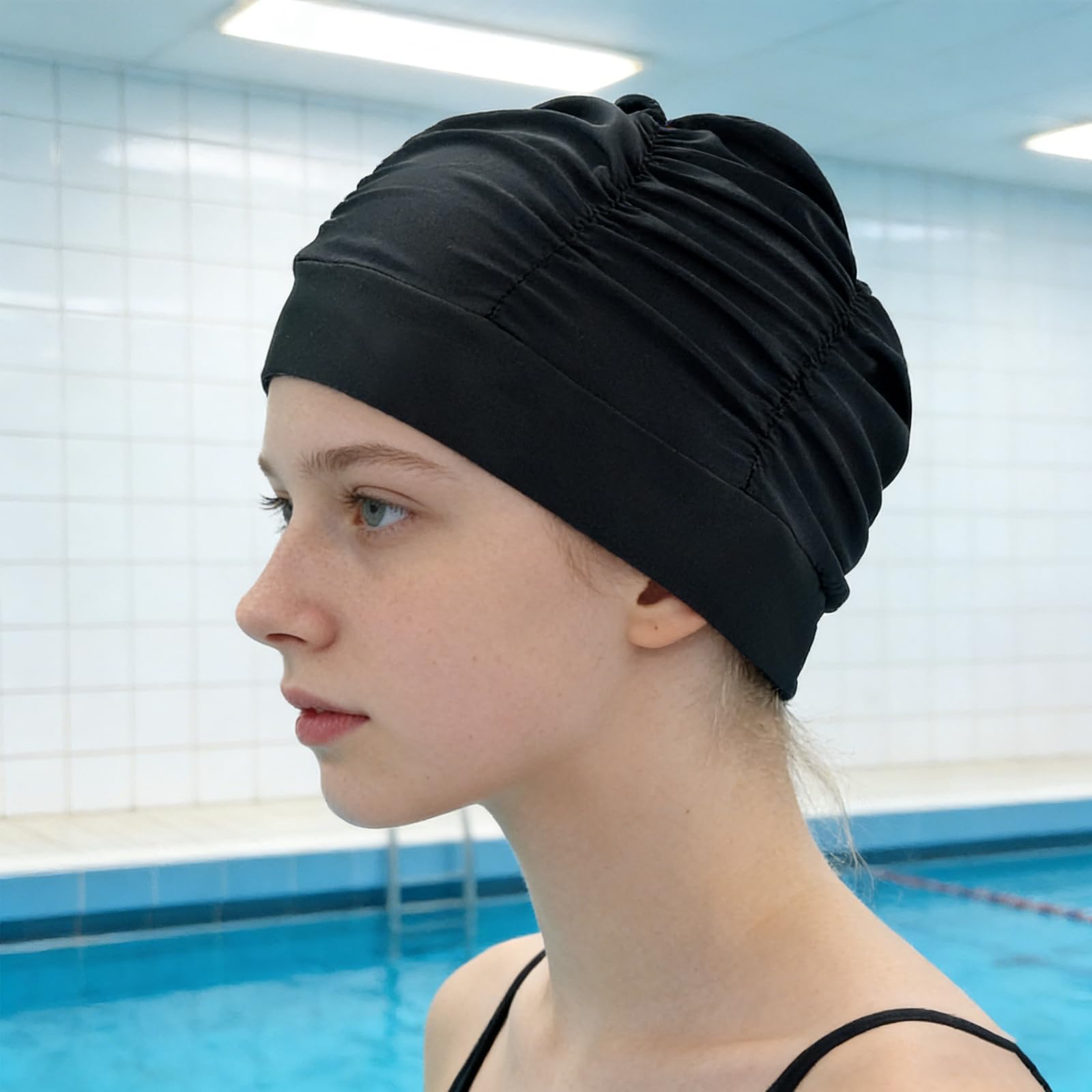 Cuffia da nuoto da donna, 2 pezzi, in tessuto elastico in poliestere, traspirante, per donne e capelli spessi, estivi, piscina coperta, spiaggia, vacanze