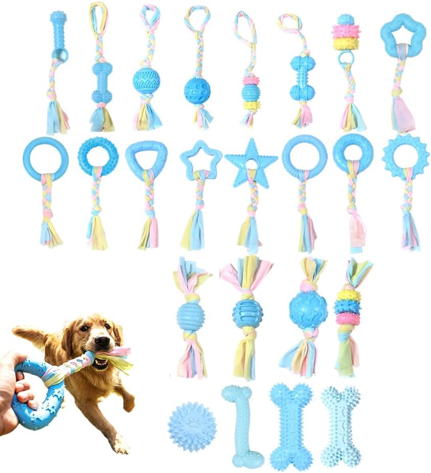 24 Pack DogToys, Puppy Teething Toys, Puppy Chew Toys for Teething, Variety Rubber Fabric Shapes Teeth Cleaning, Boredom Relief Training Play, Dog Toys for Small Dogs (Blue)