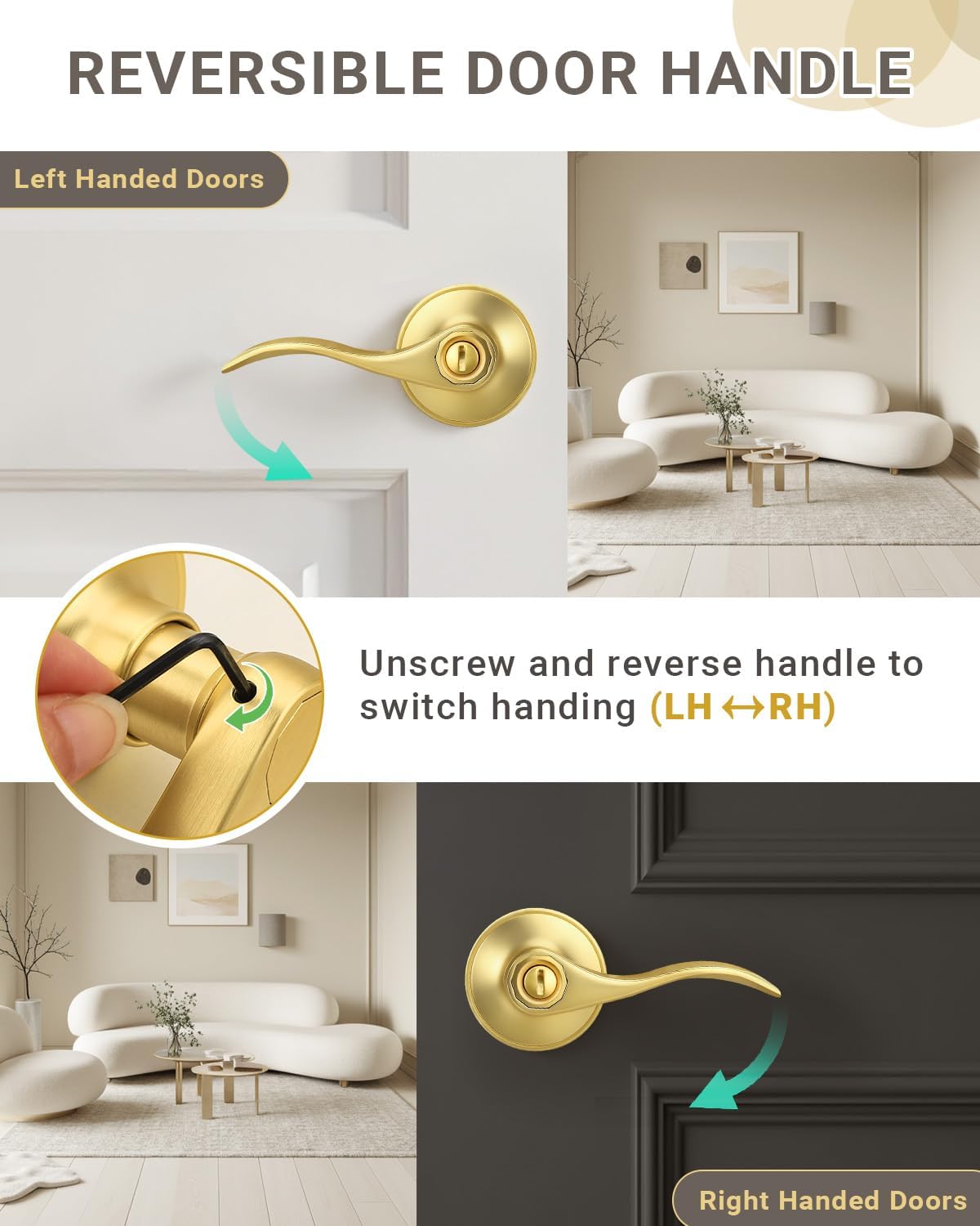 KNOBWELL 6 Pack Door Knob Interior Privacy Handle for Bed and Bath Wave Style, Gold Interior Door Handle with Lock