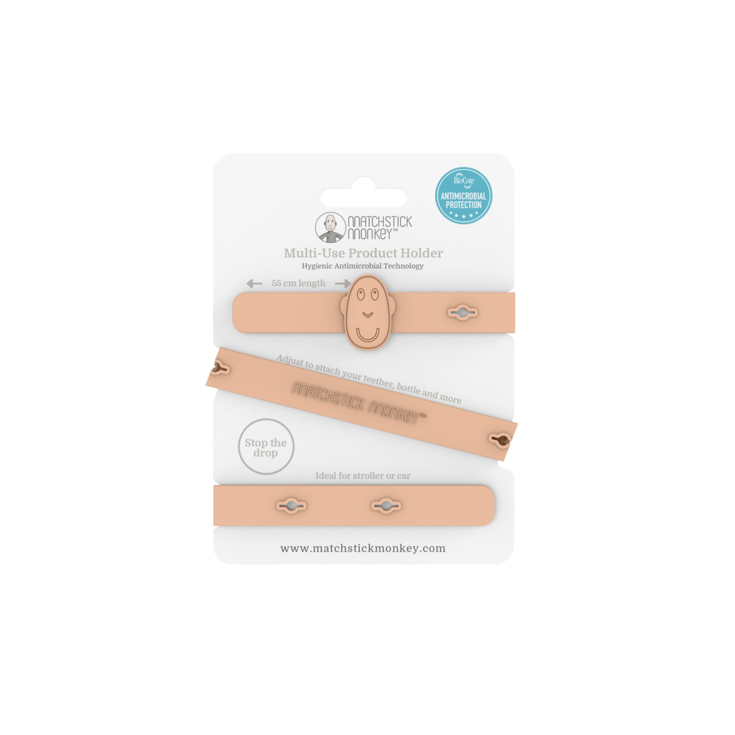 Matchstick Monkey, Antimicrobial Silicone Multi-Use Product Holder Strap for Teether, Bottle and More in Stroller, Car and Highchair, 3 Months Old+, 55 cm, Dusty Pink