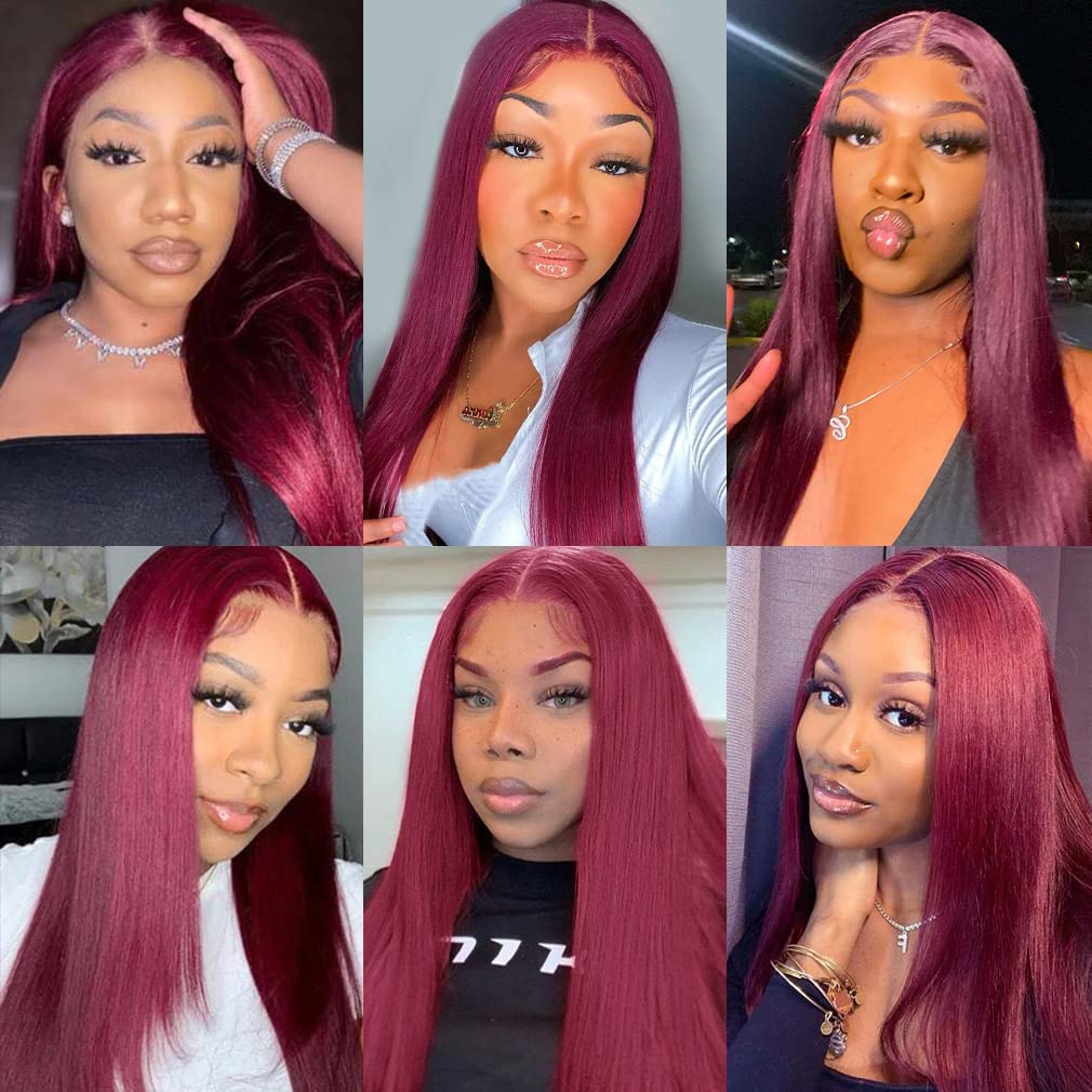 13x6 Burgundy Silk Straight Human Hair Wigs Glueless Lace Front Hair 150% Density Pre Plucked Hair for Black Women (14inch, 13x6 lace front wig)