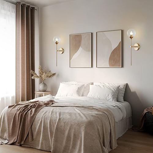 Miniatura 5 de BOKT Juego de 2 apliques de pared con forma de globo de vidrio de burbujas transparente, juego de 2 apliques de pared modernos de latón dorado de