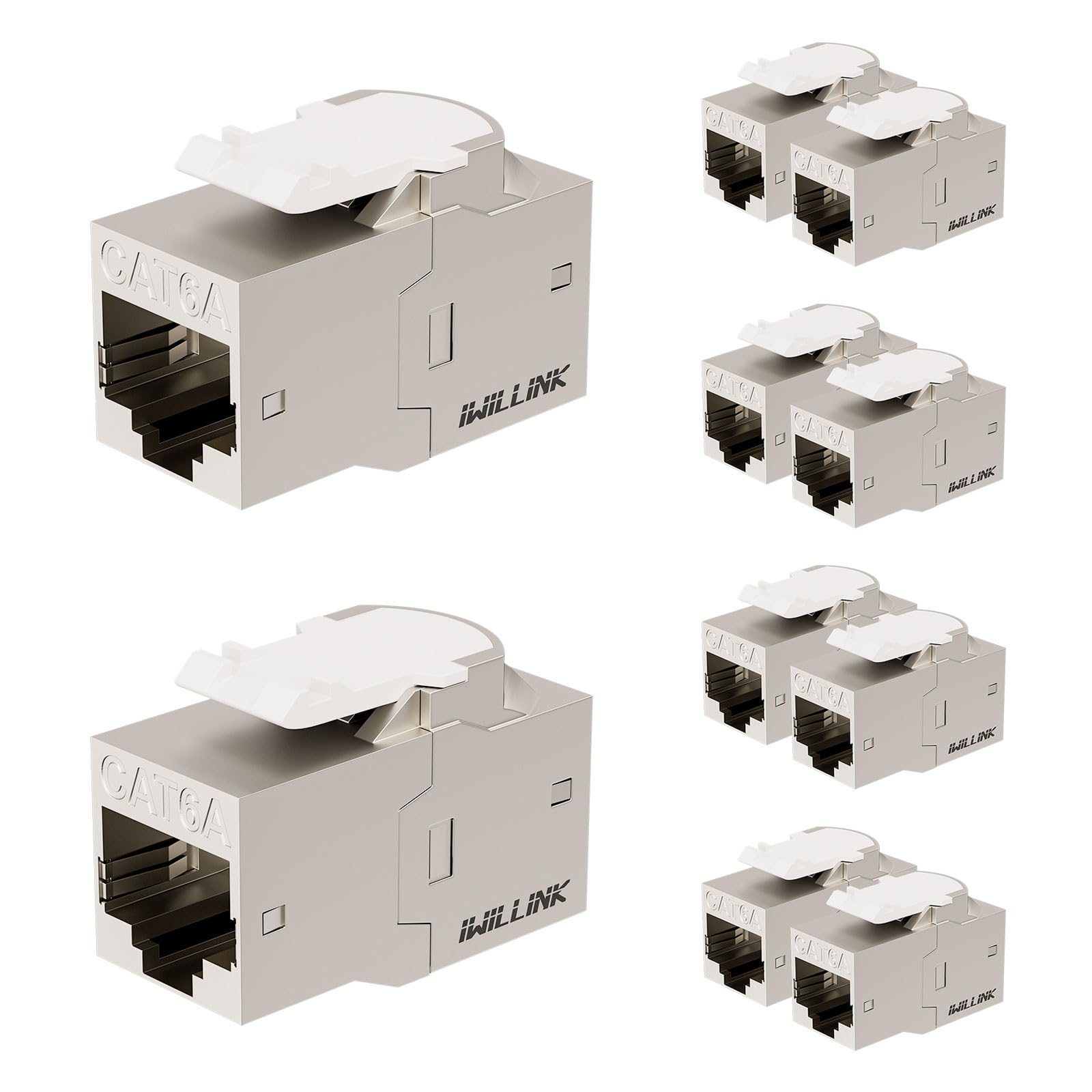iwillink Lot de 10 coupleurs RJ45 Keystone blindés Cat6A 10 Gbit/s, coupleur Ethernet en alliage de zinc, femelle vers femelle Cat6a Keystone, argenté