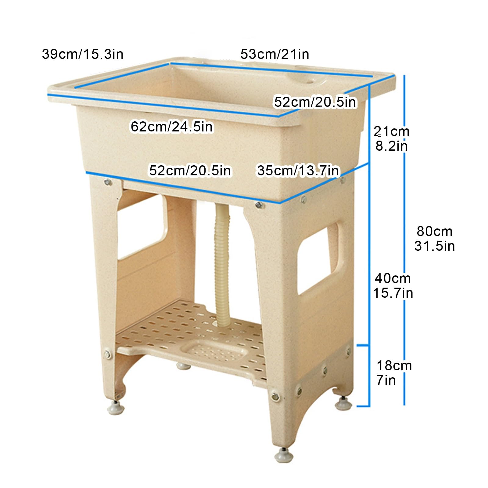 Fregadero Multiusos de Pie, Pila Lavadero de Plástico con Tabla de Lavar, Lavadero Pila Exterior con Mangueras y Kit de Desagüe, para Lavandería, Garaje(53x39x80cm)
