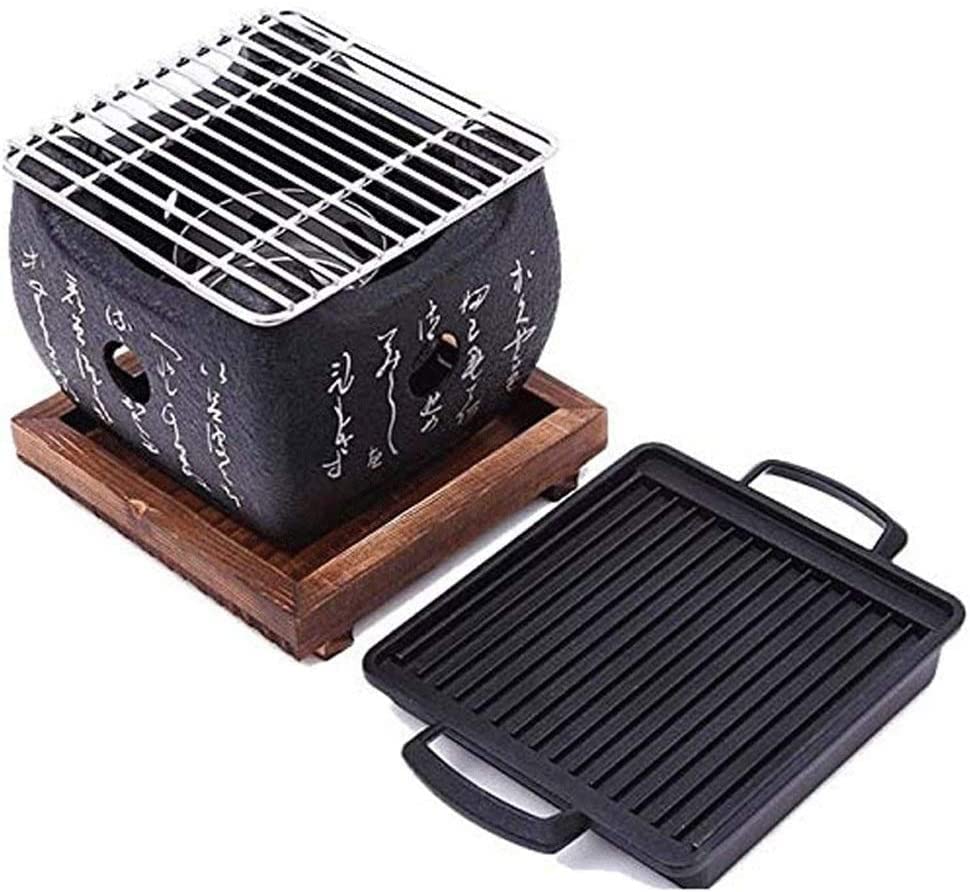 GPDNBIEU, Barbacoa al Aire Libre Fiesta Familiar Mini Parrilla Japonesa Parrilla de carbón de Mesa, con Parrilla de Malla de Alambre y Base de Madera 15x15x13cm