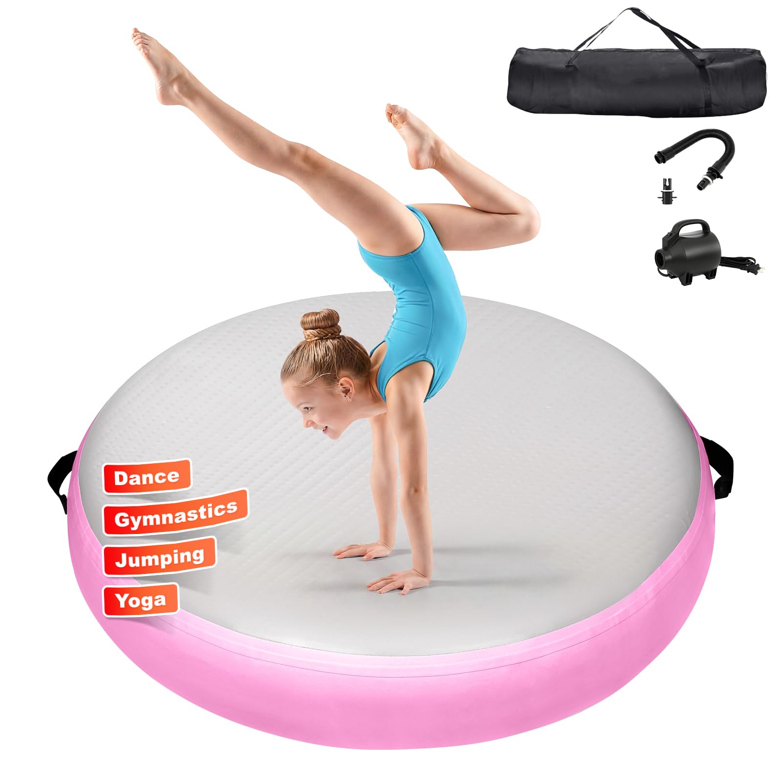 Matte Airspot, rundes Luftkissen 20 cm hoch, Durchmesser 100/140 cm, mit 600W Pumpe und Reparatur-Set, für Yoga/Cheerleading/Fitness/Training