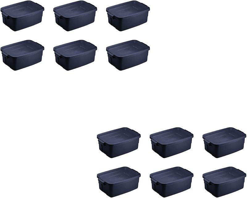Rubbermaid Roughneck 3 Gallon Rugged Plastic Reusable Stackable Home Storage Totes with Lids, Dark Indigo Metallic (12 Pack)