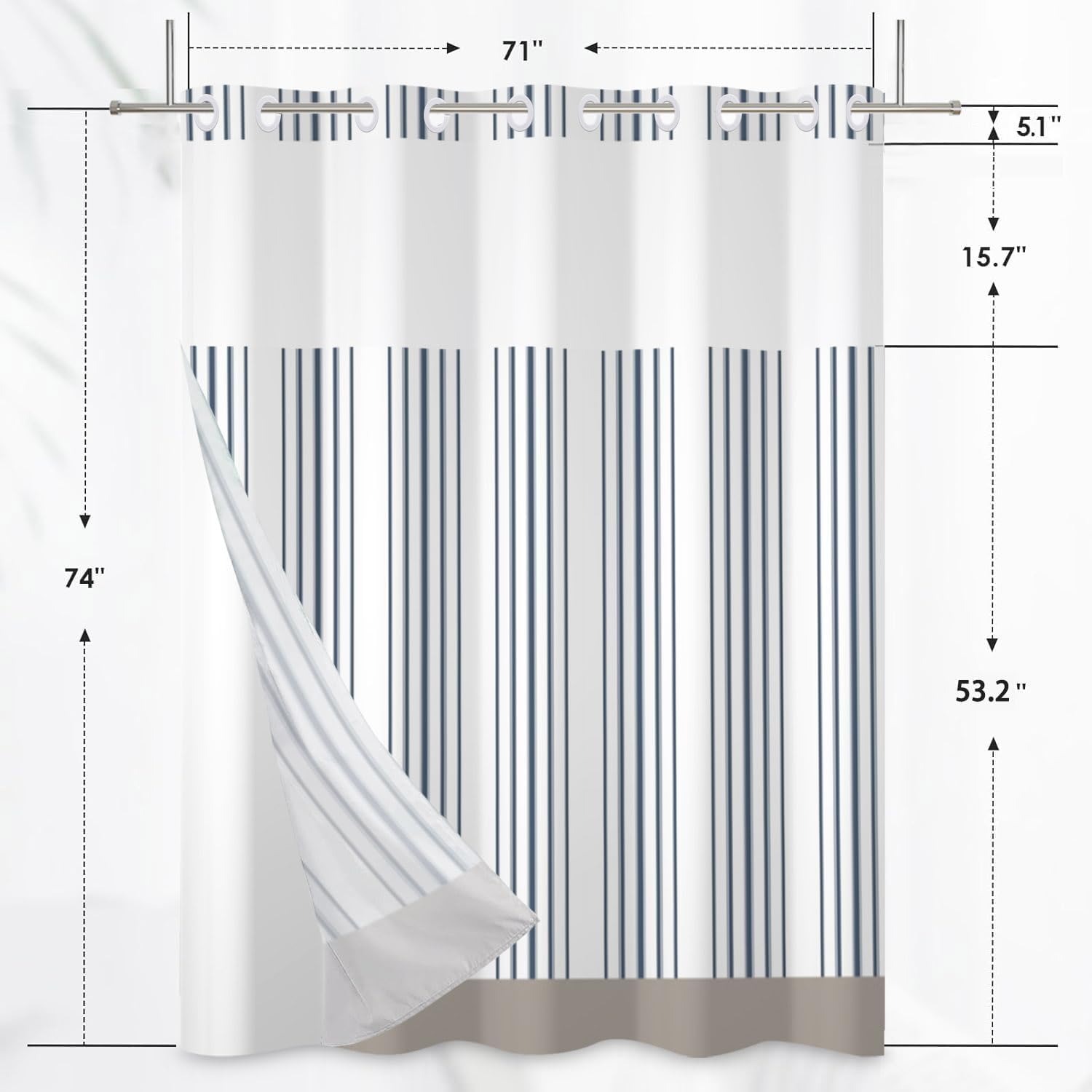 No Hook Shower Curtain with Snap in Liner Navy Blue Striped Shower Curtain with Liner Set Modern Hotel Shower Curtains for Bathroom Double Washable Fabric 71x74 Inch