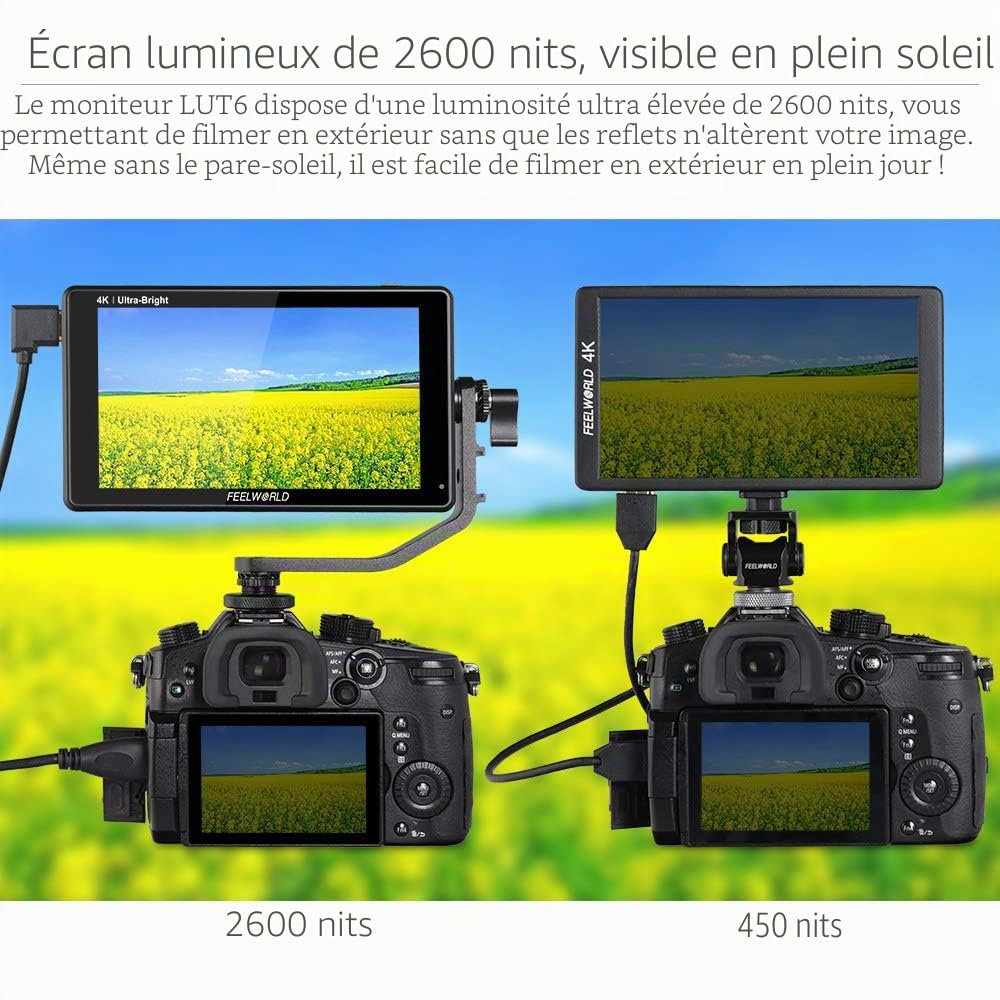 Feelworld LUT6 Camera Moniteur 6 Pouces 2600NitsTactile Moniteur de Terrain pour Appareil Photo Reflex Numérique avec HDR,3D LUT,VectorScope,Entrée/Sortie 4K HDMI Inclut F750 Batterie et Sac.