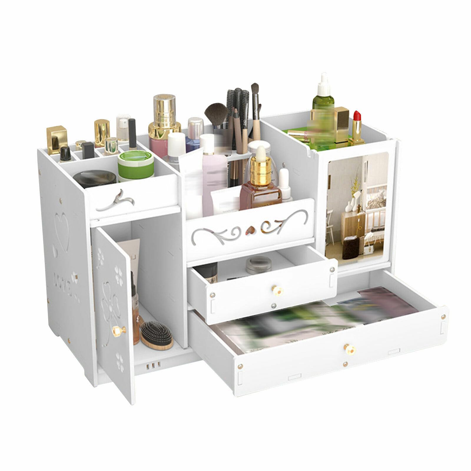 Kosmetik Make up Organizer mit 2 Schubladen Aufbewahrung Schmuck Box Parfüm Aufbewahrung,Skincare Beauty Schminke Kosmetikbox zubehör für Dresser Schlafzimmer Badezimmer,Weißer