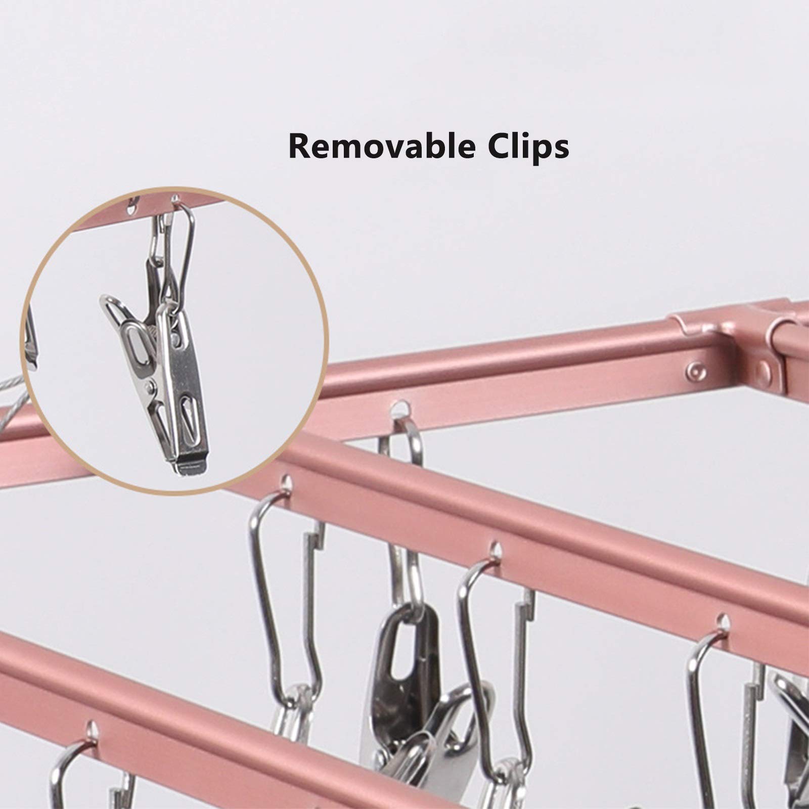 Stendibiancheria per calzini con 42 clip per appendere i vestiti dei bambini, mollette, design pieghevole, ganci di chiusura antivento, rettangolo (colore: oro + argento) Efficienza (argento + argent