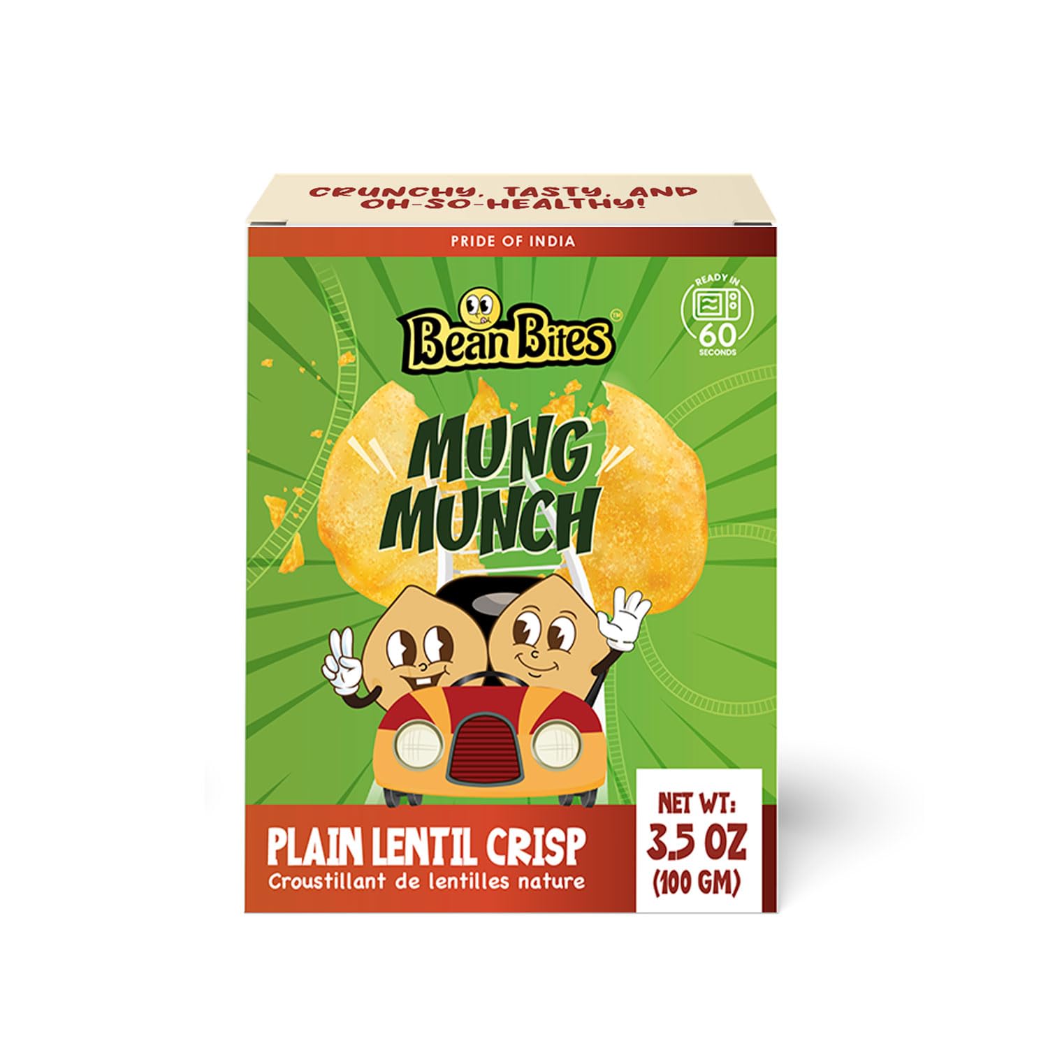 Bean Bites | Mung Munch Lentil Crisp 3.53 oz (100 g) | Mini Poppadom Snack | Round Crunchy Crisps | Mung Bean Flavor | Heat in Oven (60 secs) | Plant Based Protein by Pride of India