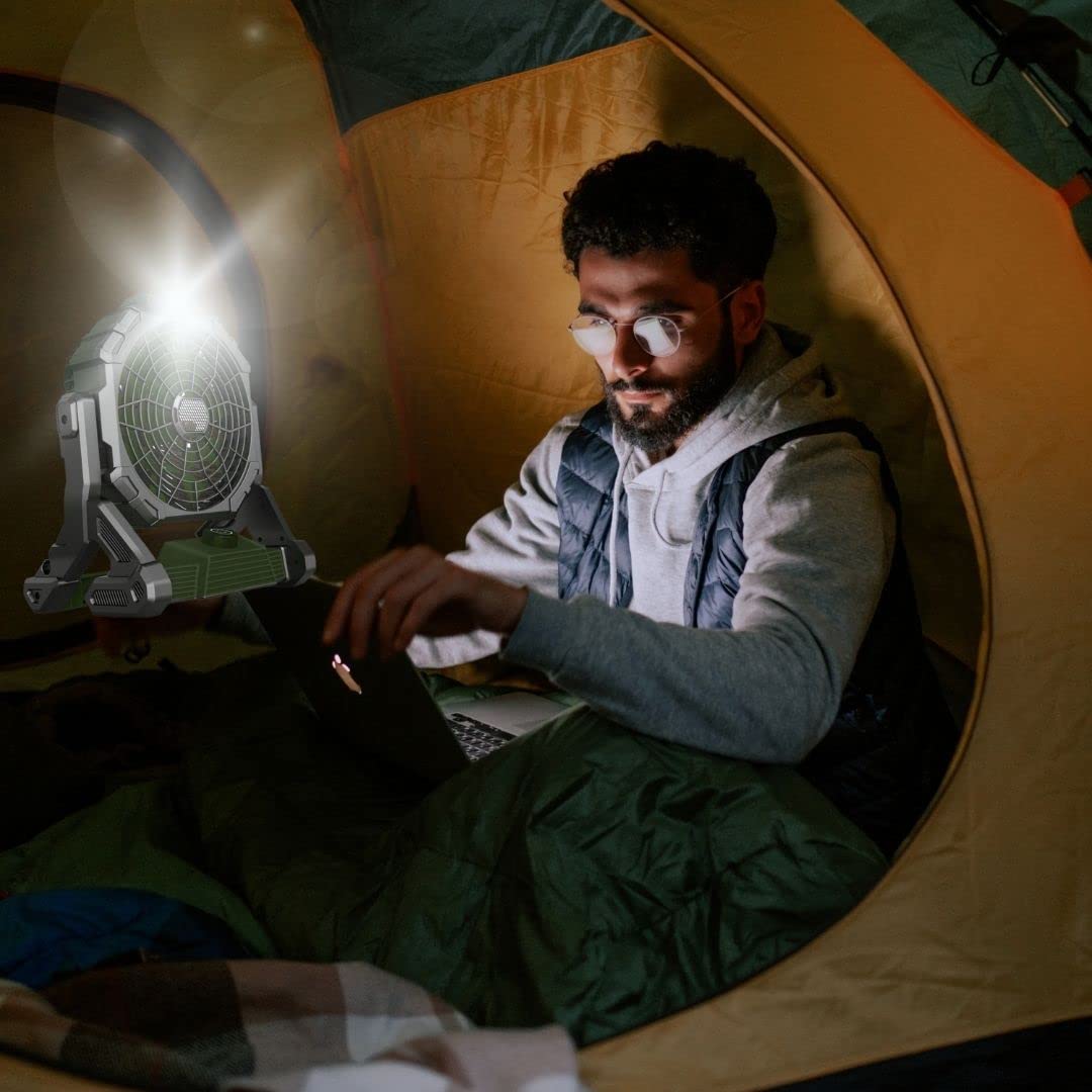 Melchioni Family | Ventilatore da campeggio ricaricabile, Batteria incorporata da 5200 mah ricaricabile tramite cavo USB (incluso), Luce LED, 3 Luminosità, Ventola 22 cm, 3 Velocità, Rotazione di 180°
