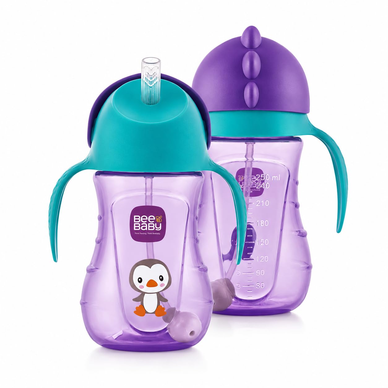 BeeBaby Dino Flippee Silicone Straw Sipper Bottle, Spill Proof Water Bottle for Kids with Weighted Straw & Easy to Hold Handle, BPA Free Straw Sipper for Toddlers, Leak Proof Sippy Cup, 240ml Violet-image-34