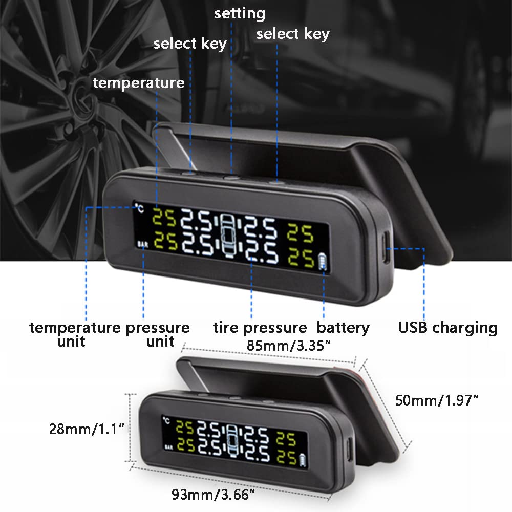 Riloer Autoreifendruck-Controll-system, regulacja temperatury RDKS-i i drukarki; jest to łatwy w montażu wyświetlacz i 4 zewnętrzne czujniki, energia słoneczna i złącze USB