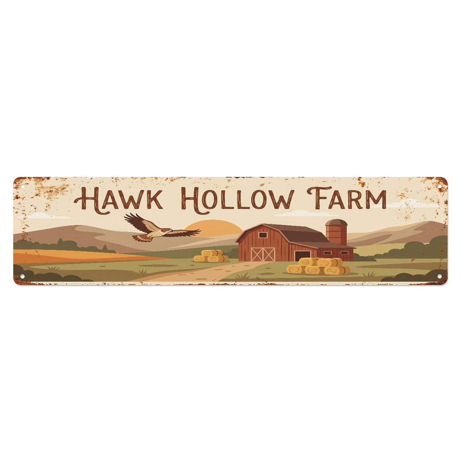 Metal Tin Sign Vintage Hawk Farm Scene HAWK HOLLOW FARM