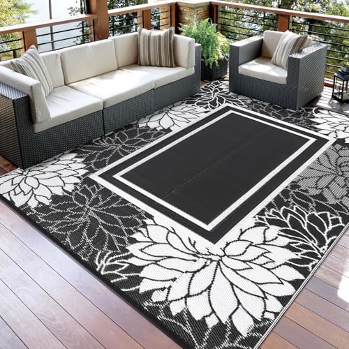 GAOMON Outdoor Patio Rug 9x12 Modern Reversible Plastic Outside Rug, Fade-Resistant Floral RV Mat, East Cleaning Waterproof Outdoor Carpet for Patio C