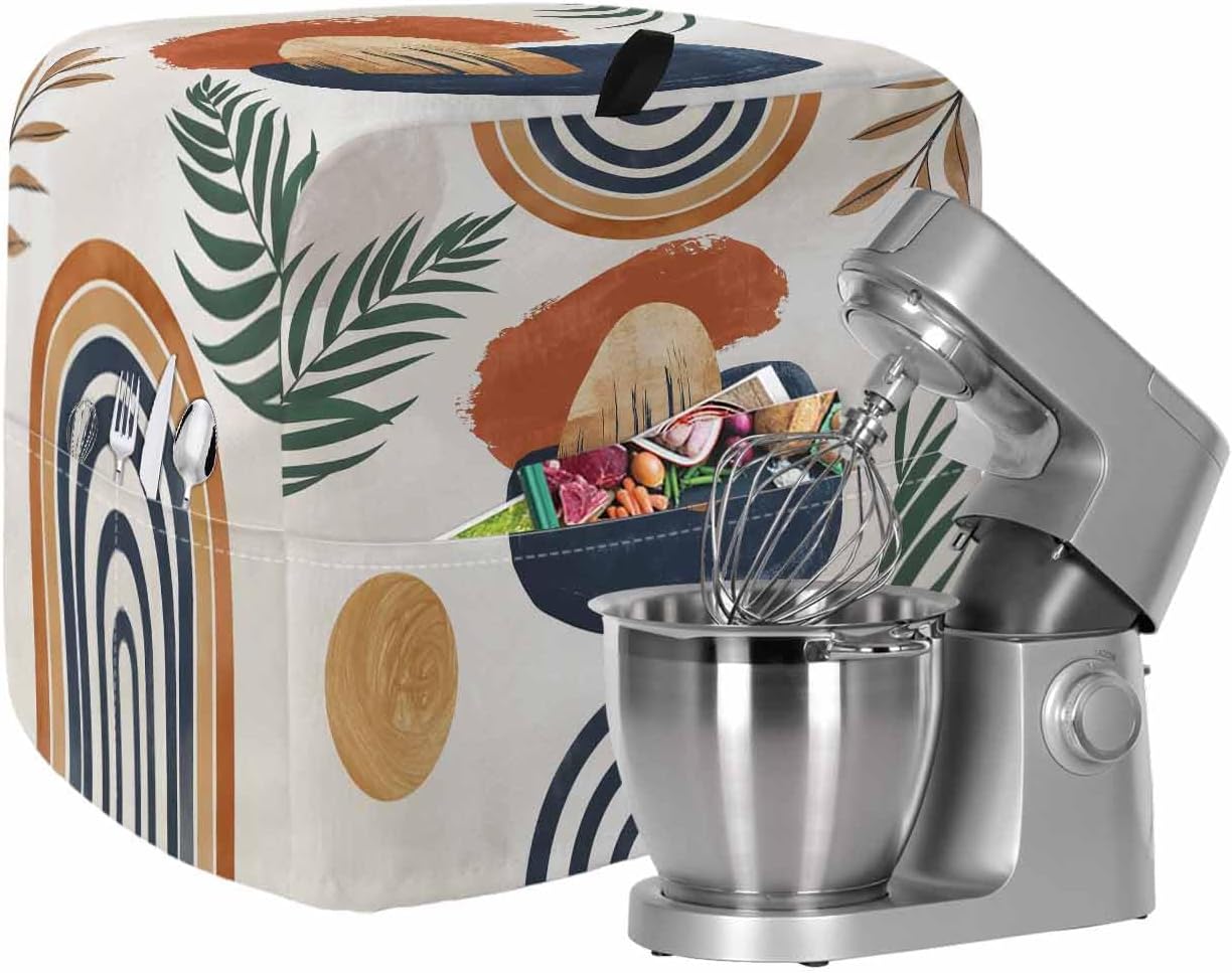 Boho Stand Mixer Cover with Storage Pocket, Waterproof Kitchen Mixer Covers, Bohemia Middle Century Leaves Abstract Minimalist Beige Kitchen Appliance Dust Cover Compatible with 4/4.5 Quart Mixers