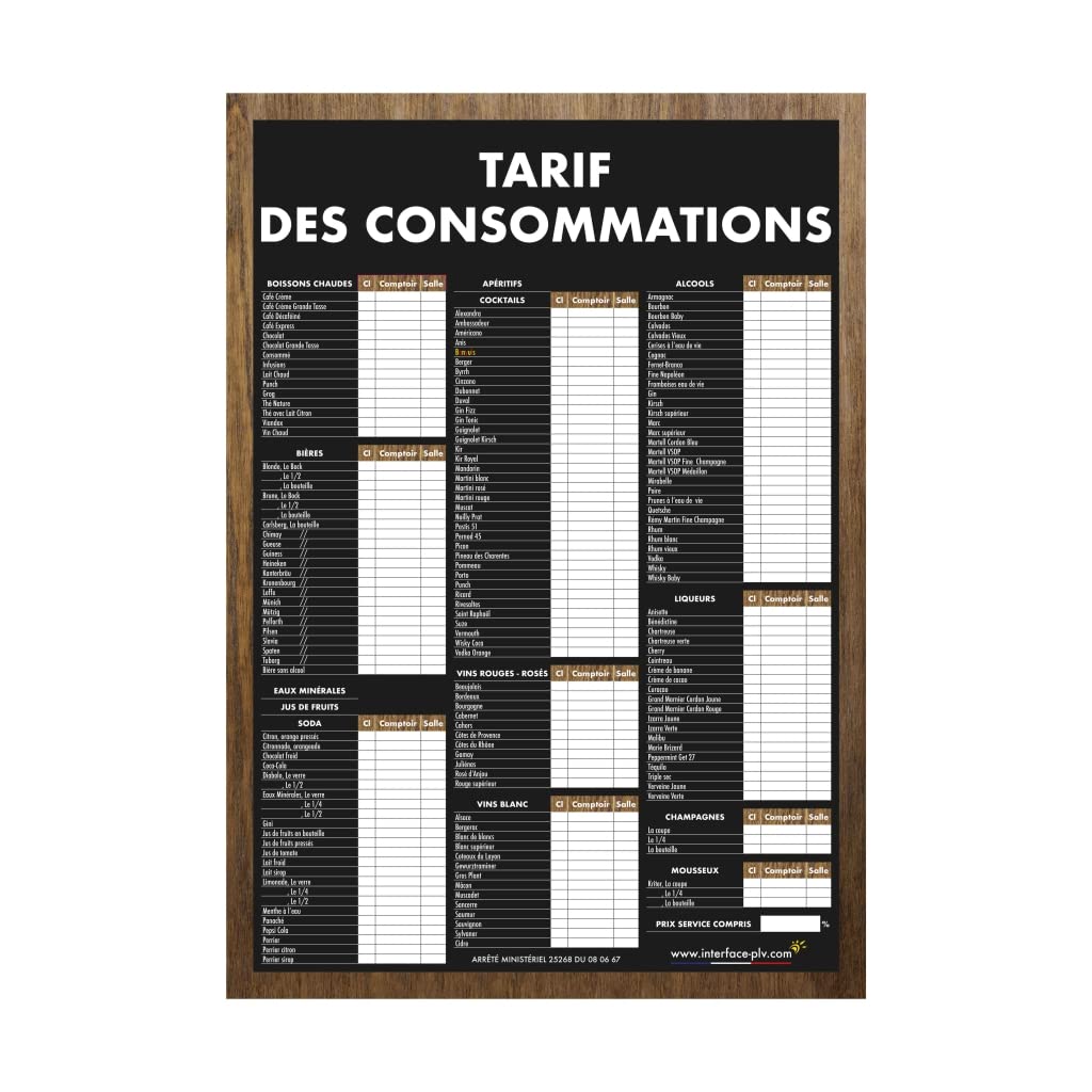 Traditionelles Holzschild, A1, "TARIF DES CONSOMMATIONS"