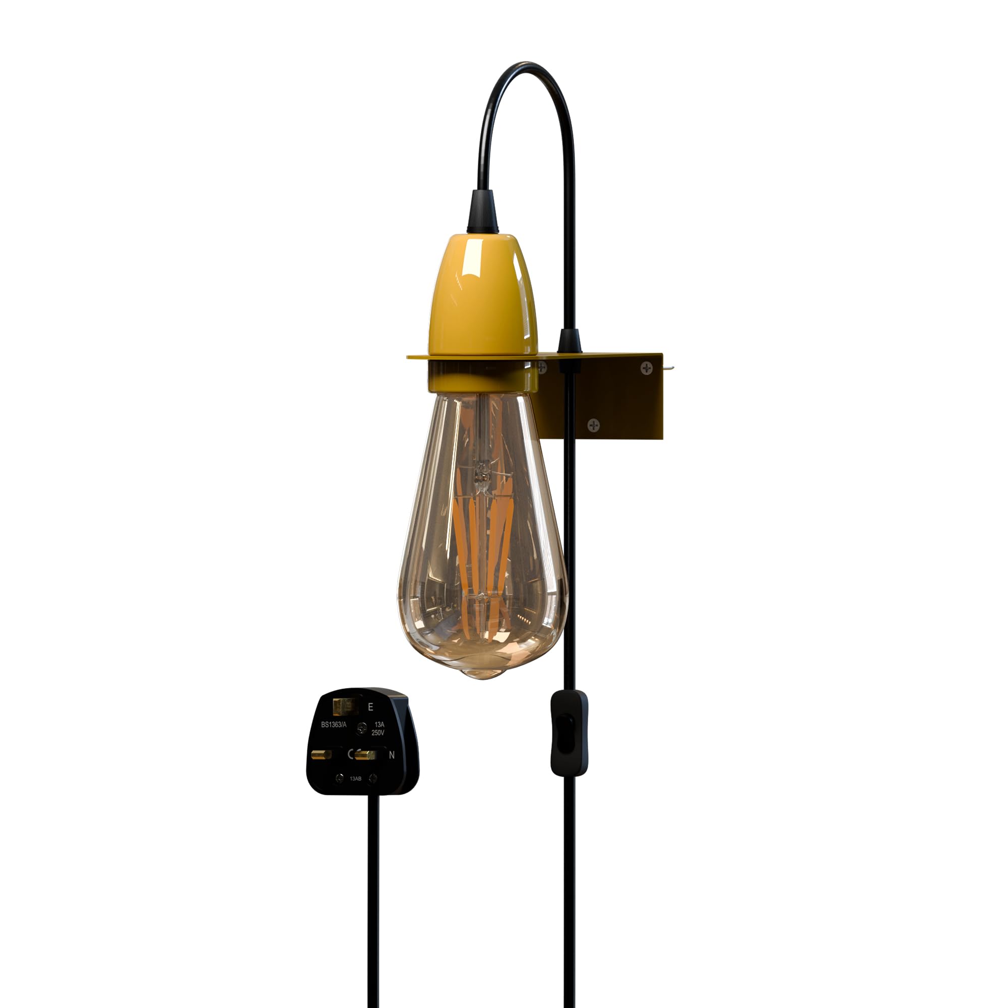 2m Plug in Cord Wall Lamp with Wall Mount Bracket E27 Holder Suspended Pendant Light Fitting Kit, PVC Cable Plug with On/Off Switch (Yellow With Bulb)