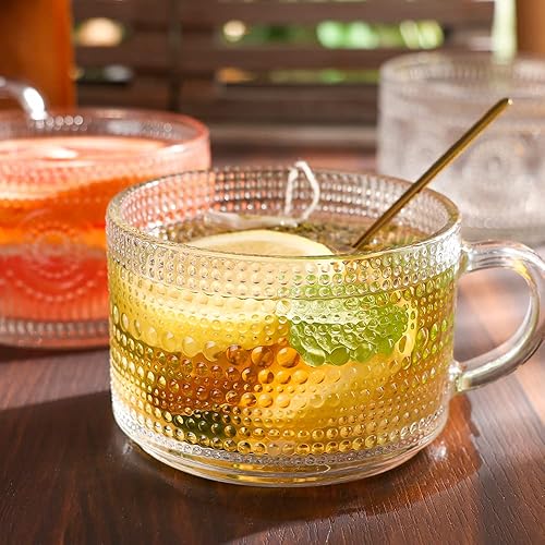 Miniatura 4 de Juego de 4 tazas de café de vidrio vintage, tazas de café de vidrio en relieve de 14 onzas para cereales, yogur, latte, tazas de desayuno