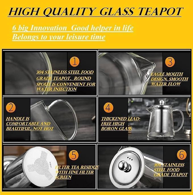 Image of Borosilicate Glass stovetop Kettle with Stainless Steel Infuser teapot to Infuse Tea Coffee Black Tea harbal kadha Tea Pot for Making Green Tea (900 ML Green Tea Kettle)