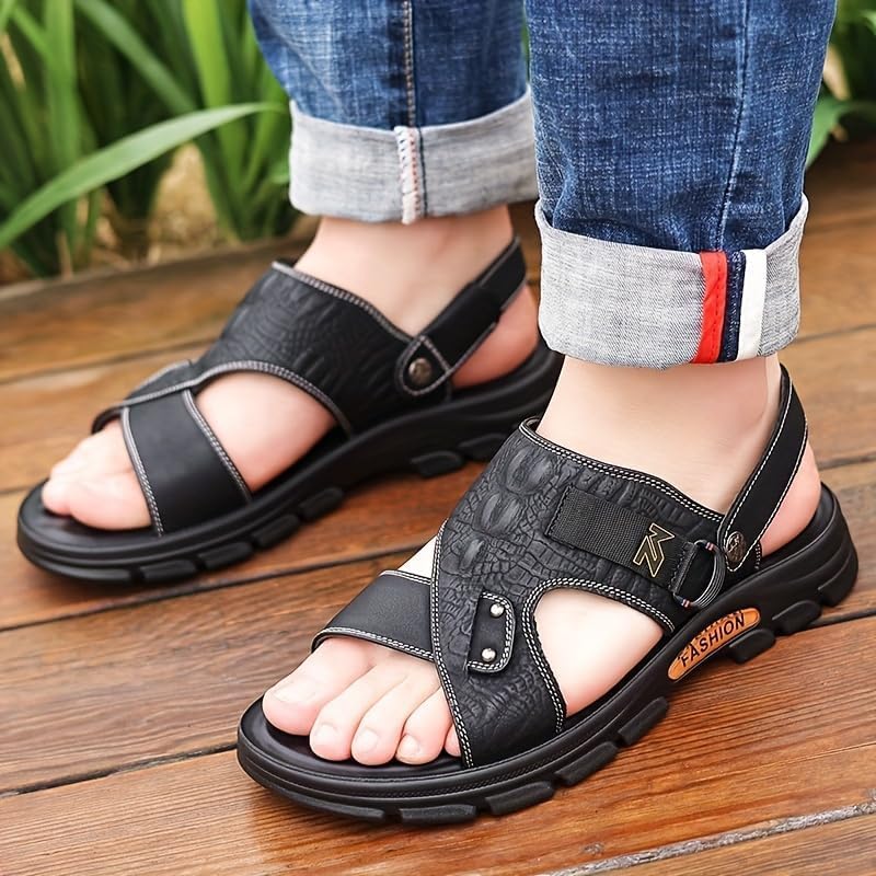 Men's Solid Colour Top Grain Cow Leather Upper Open Toe Breathable Sandals, Comfy Non Slip Casual Durable Beach Water Shoes4