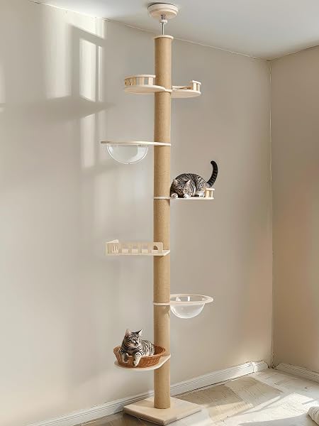 Veehoo Floor to Ceiling Cat Tree Height(106-123 Inch) Adjustable, Sturdy Tall Cat Tree with 4.3 Thickened Scratching Pos