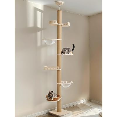 Veehoo Floor to Ceiling Cat Tree Height(106-123 Inch) Adjustable, Sturdy Tall Cat Tree with 4.3" Thickened Scratching Posts, Floor to Ceiling Cat Tower for Indoor Cats