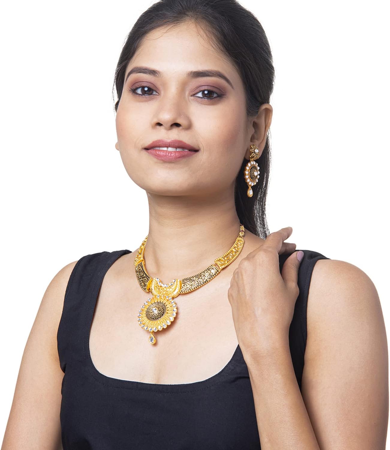 bodha Traditional Indian Flower DesignTraditional Gold Dual tone Kundan Polki Jewelry Necklace Set with earrings for Women (SJN_48)