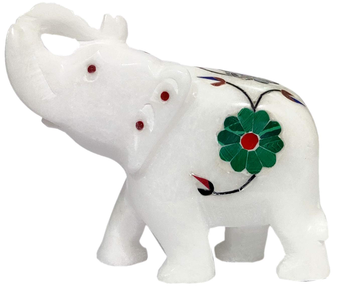 Purpledip Statue en marbre « Éléphant élégant » : incrustation de pierres précieuses - Cadeau de collection (12106)