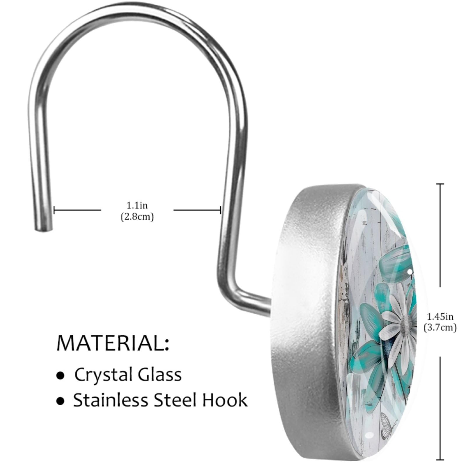 Lot de 12 crochets de rideau de douche en forme de marguerite sur planche bleu sarcelle, anneaux décoratifs pour salle de bain, résistants à la rouille