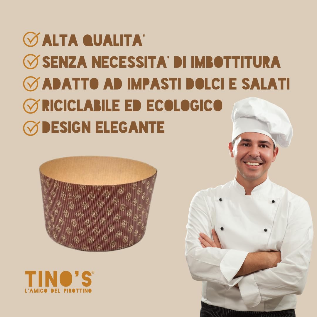 TINO'S L AMICO DEL PIROTTINO Stampo per Panettone in Carta di Cellulosa, Marrone con Stampa Floreale Oro, 750 gr (50)
