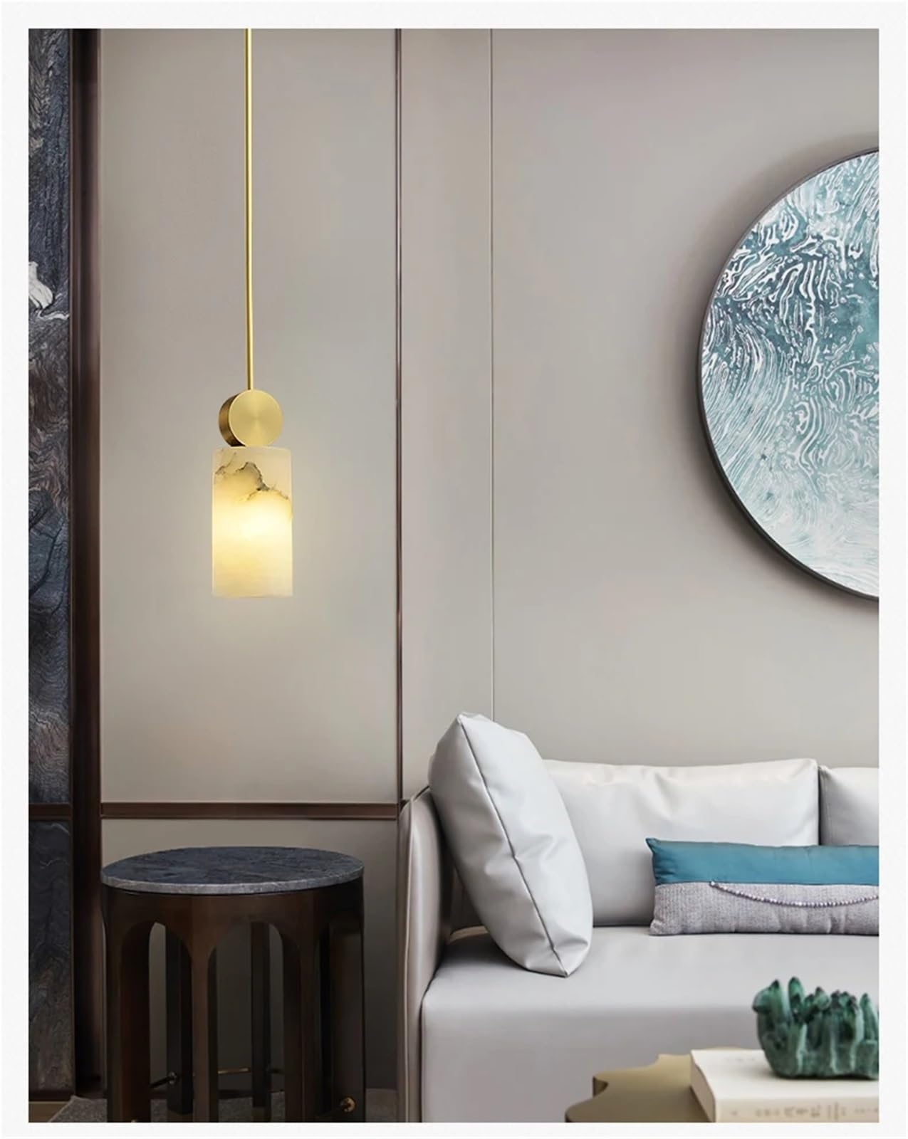 Lampada a Sospensione in Marmo e Rame per Camera da Letto, Comodino, Soggiorno, Sala da Pranzo, Cucina, Illuminazione Interna Moderna a LED, Lampada Singola di Lusso (Luce Calda, H29cm)