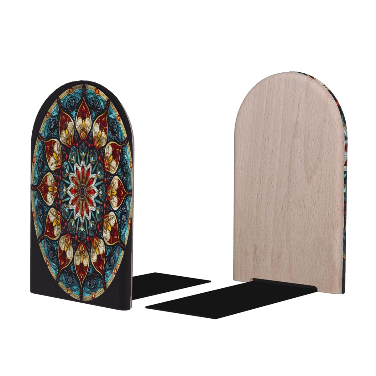 (2 PCS/1 Pairs) Wood Bookends Bohemian Mandala Decorative Wood Bookends for Student School Shelves Kids Room Desk Home Office Book Stoppers for Holiding Books 5x3 Inch-5